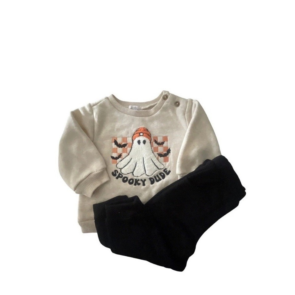 Mini Bean‎ Halloween Bats Ghost Spooky Dude Beige Sweatshirt & Black Joggers 12m